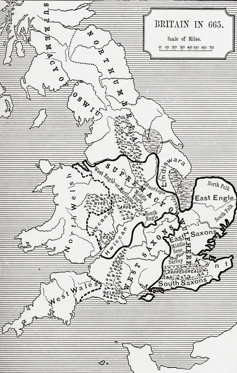 Britannian kartta vuonna 665, Northumbrian kuningaskunnasta 588–685 J. R. Greenin teoksessa A Short History of the English People, julkaistu 1893 tekijältä English School