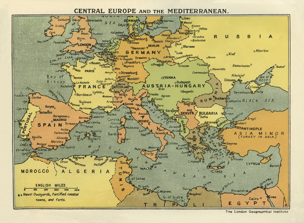 Keski-Euroopan ja Välimeren kartta, teoksesta "The History of the Great European War, Vol. III" (painettu). tekijältä English School