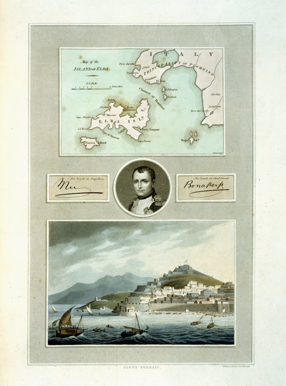 Elban kartta ja Porto Ferraion näkymä, jossa Napoleonin muotokuva ja faksimile hänen allekirjoituksestaan, 1815 (värikaiverrus) tekijältä English School