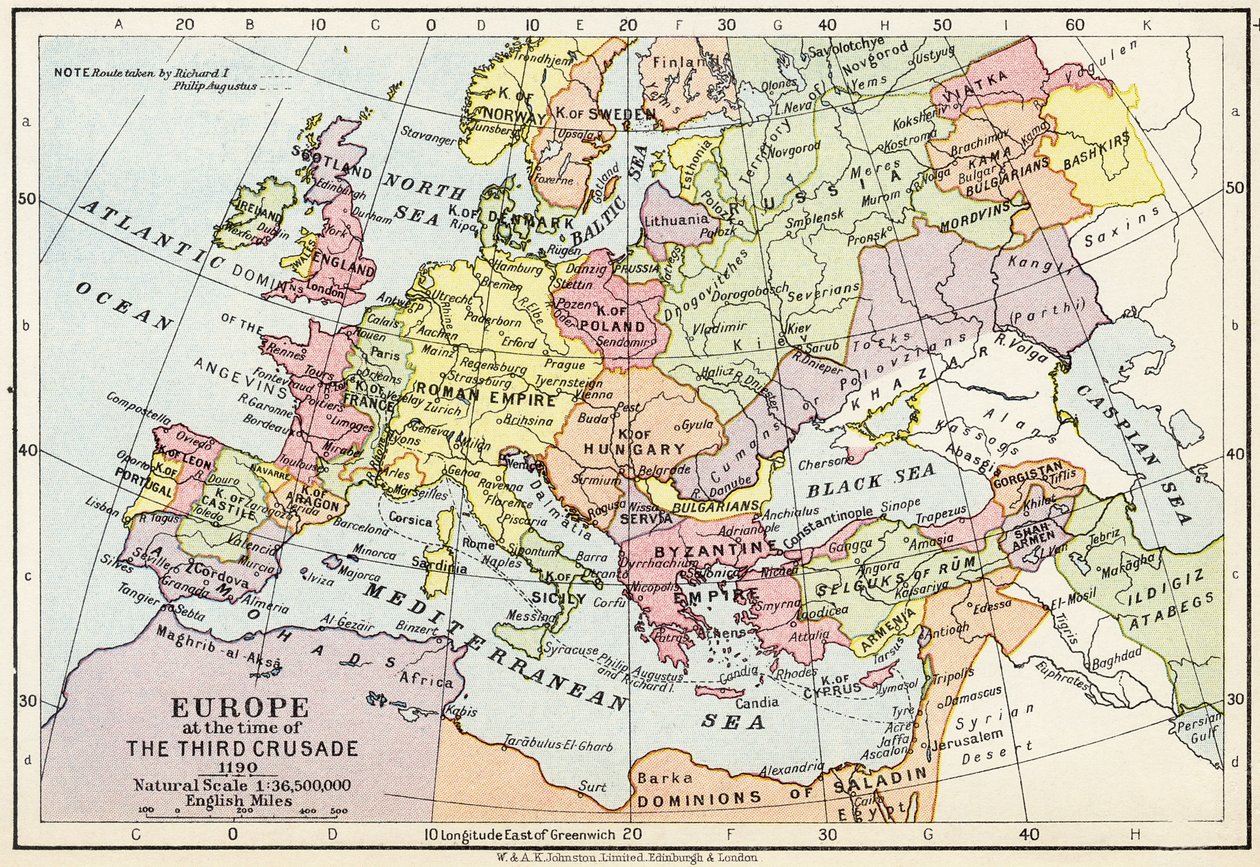 Euroopan kartta kolmannen ristiretken aikana, 1190, W. und A.K.:n julkaisijasta "Historiallinen atlas". Johnston Limited, 1911 tekijältä English School