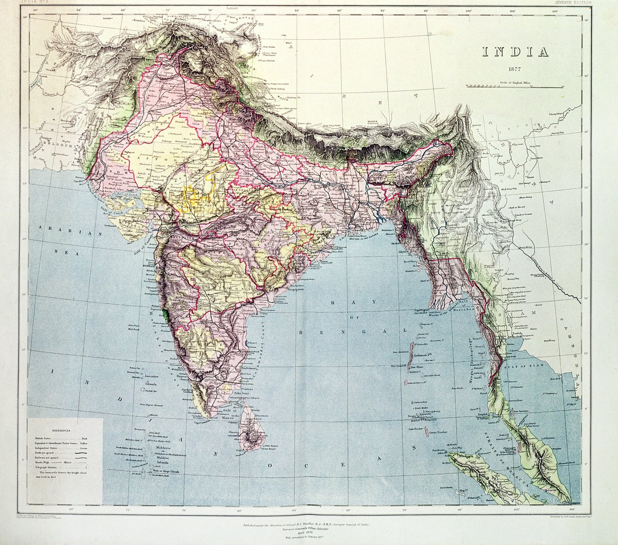 Intian kartta, julkaistu eversti H.R. Thuillier, R.E., Surveyor General of India, 1877 tekijältä English School