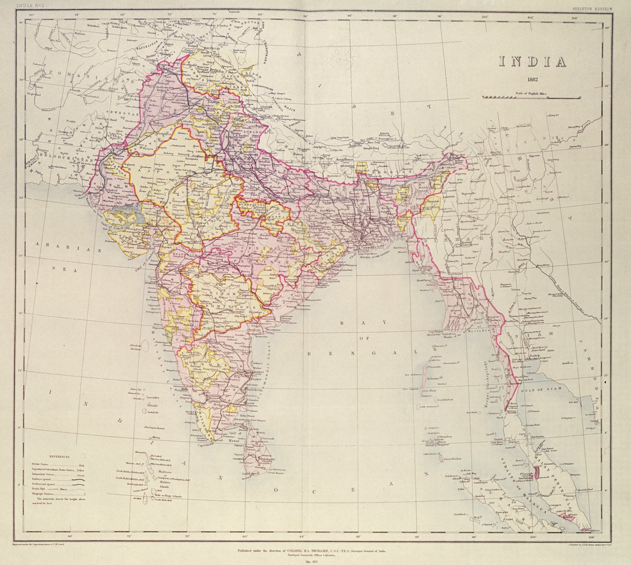 Intian kartta, julkaistu eversti H.R. Thuillier, R.E., Surveyor General of India, 1882 tekijältä English School