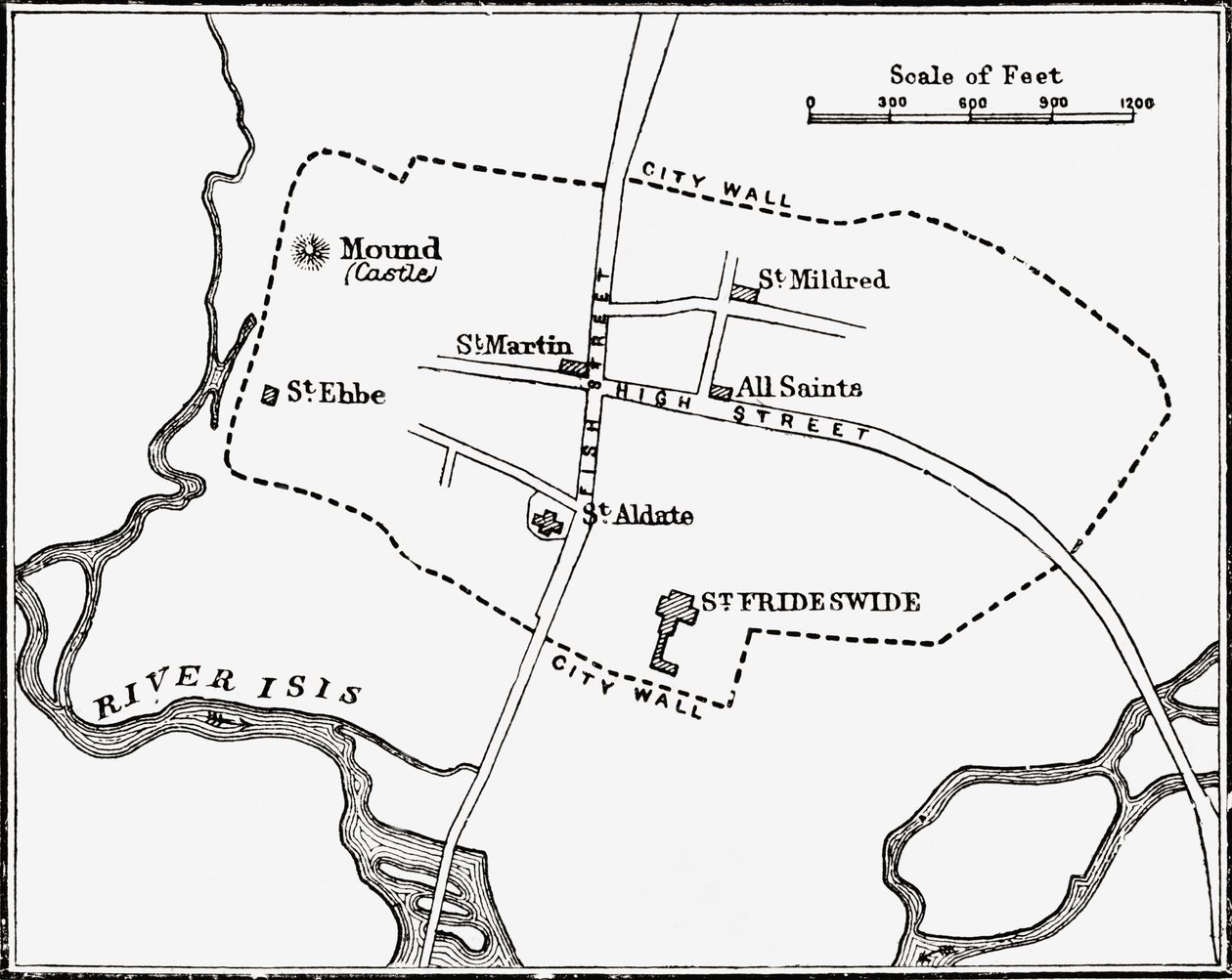 Kartta Oxfordista, Englannista, 1100-1200-luku, J. R. Greenin teoksesta A Short History of the English People, julkaistu 1893 tekijältä English School