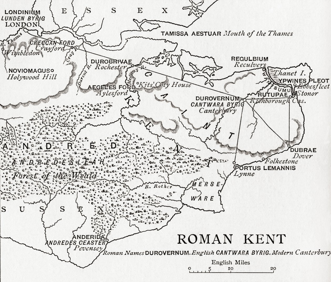 Englannin Roman Kentin kartta J. R. Greenin teoksesta A Short History of the English People, julkaistu 1893 tekijältä English School