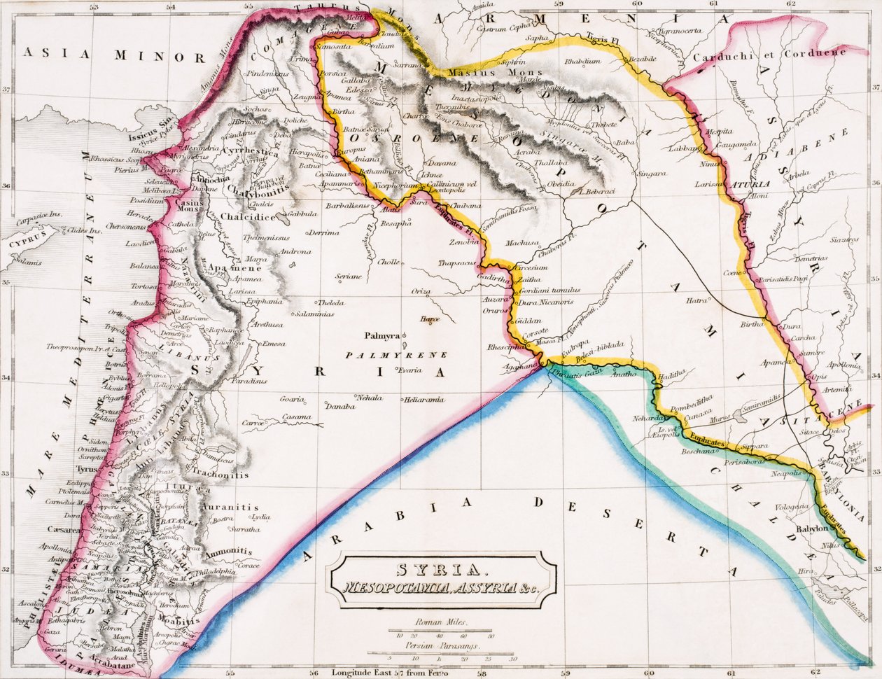 Syyrian, Mesopotamian, Assyrian ja dc.:n kartta, Butlerin Lontoossa julkaistusta The Atlas of Ancient Geographysta, n. 1829 (värilitho) tekijältä English School