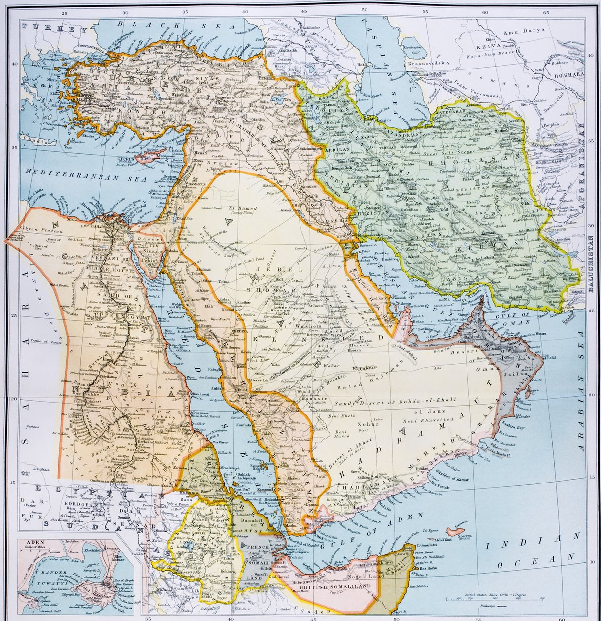 Turkin, Lähi-idän Afrikan sarven ja Persianlahden kartta 1890-luvulla Lontoossa julkaistusta The Citizen