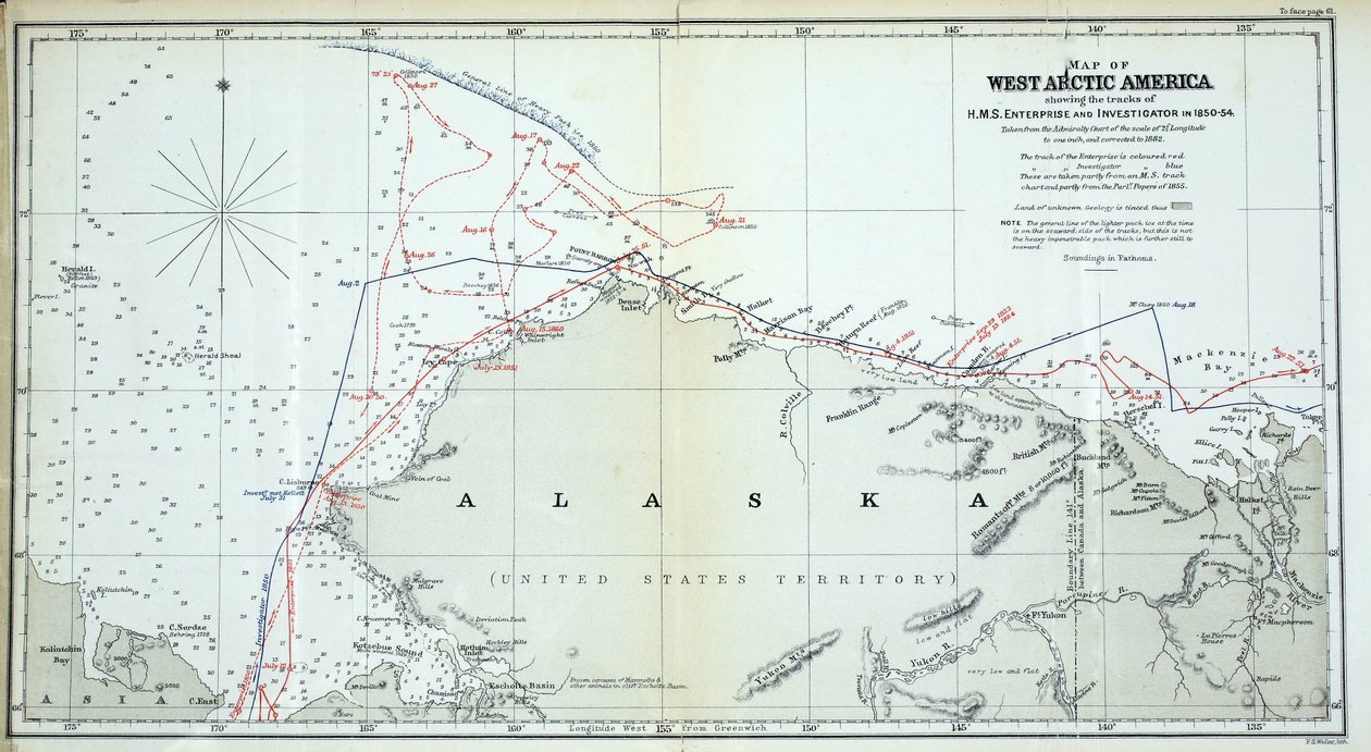 Länsi-Arktisen Amerikan kartta, jossa näkyy HMS Enterprisen ja Investigatorin jäljet vuosina 1850-1854 tekijältä English School