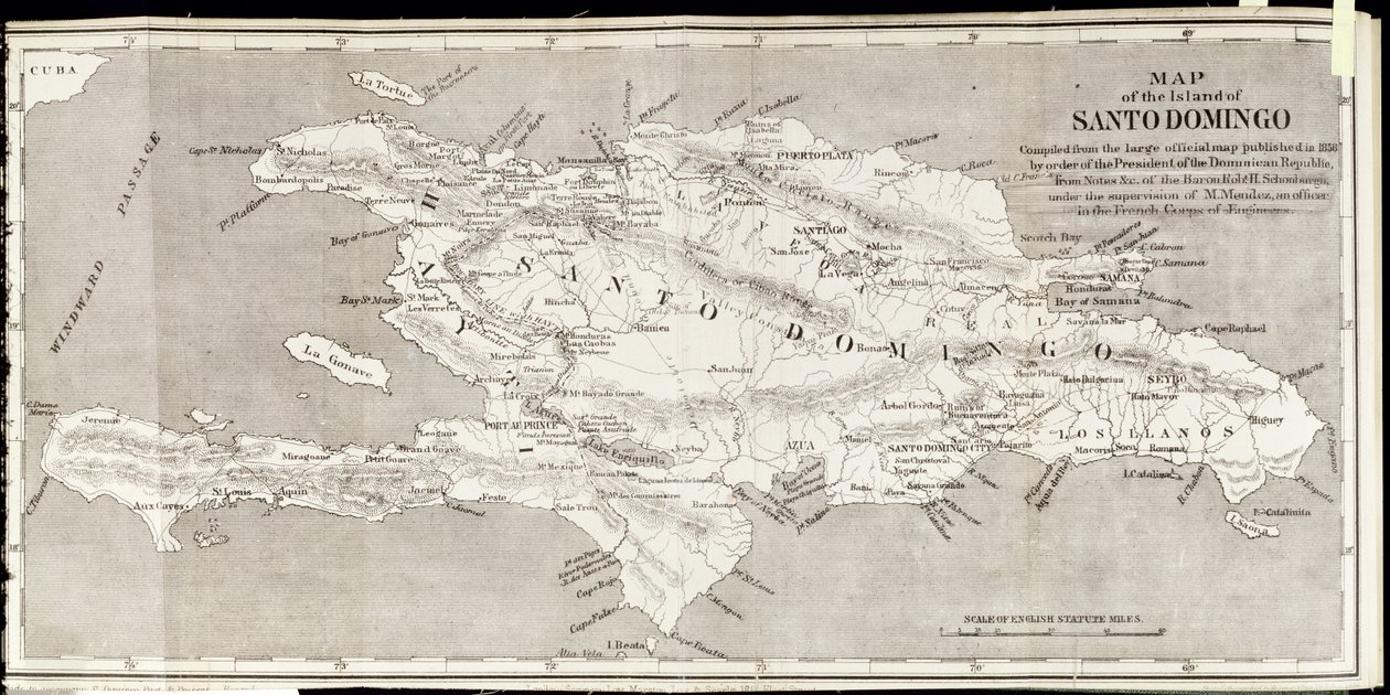 Santo Domingon saaren kartta Samuel Hazardin pubista "Santo Domingon menneisyys ja nykyisyys". 1873 (valokuva) tekijältä English School