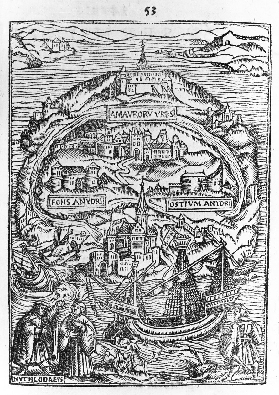 Utopian saaren kartta, kirjan etulevy, 1563 tekijältä English School
