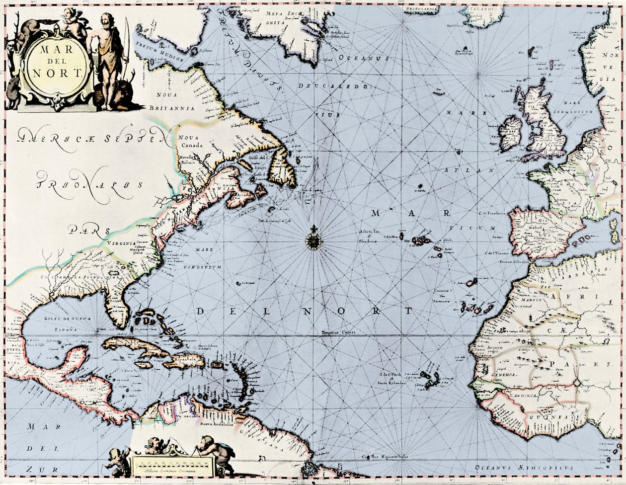 Pohjois-Atlantin kartta Jannsonin Novus Atlas -teoksesta. tekijältä English School