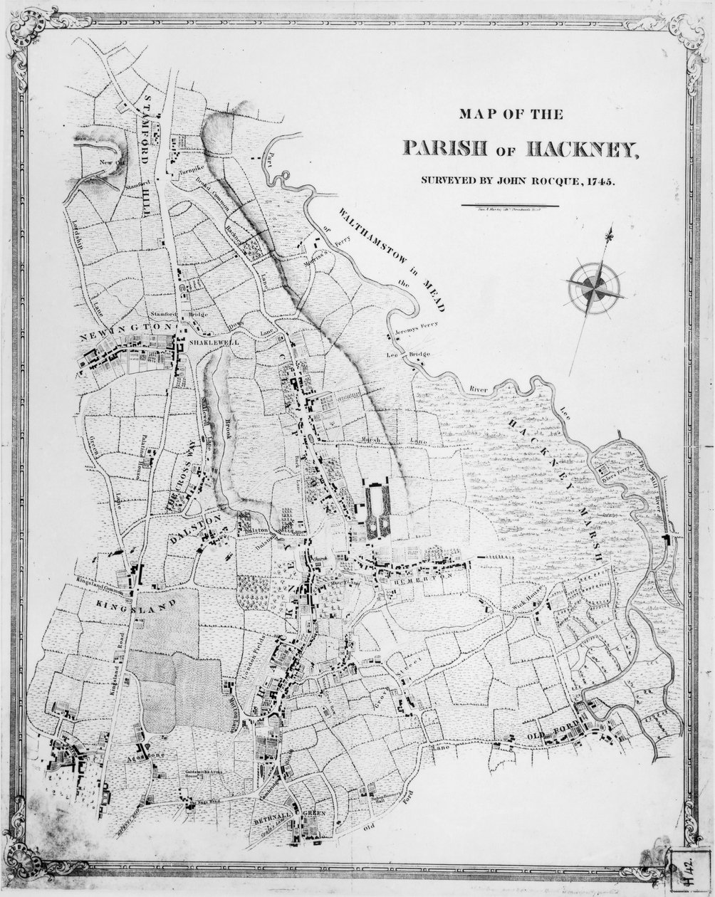 Hackneyn seurakunnan kartta, kartoittanut John Rocque (n. 1709-1762) 1745 tekijältä English School