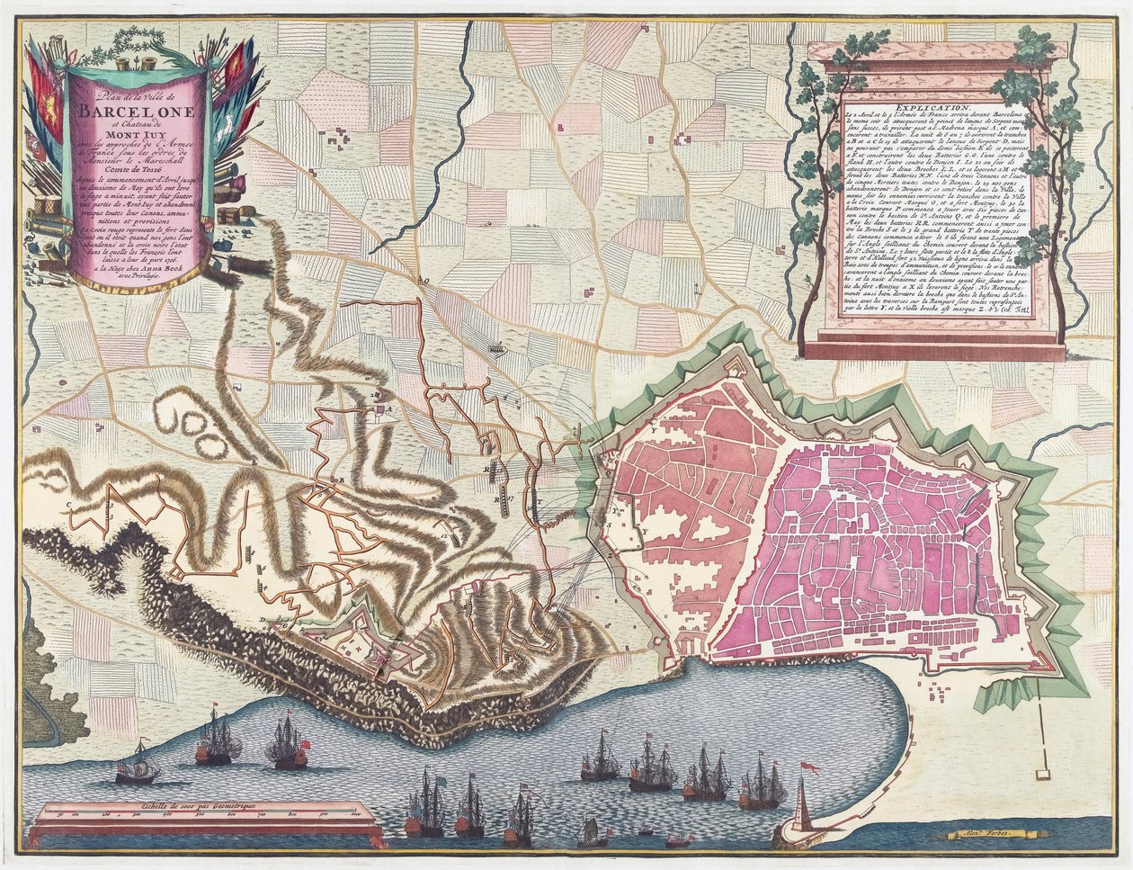 Kartta Barcelonan piirityksestä huhtikuussa 1706 (värilitografia) tekijältä English School