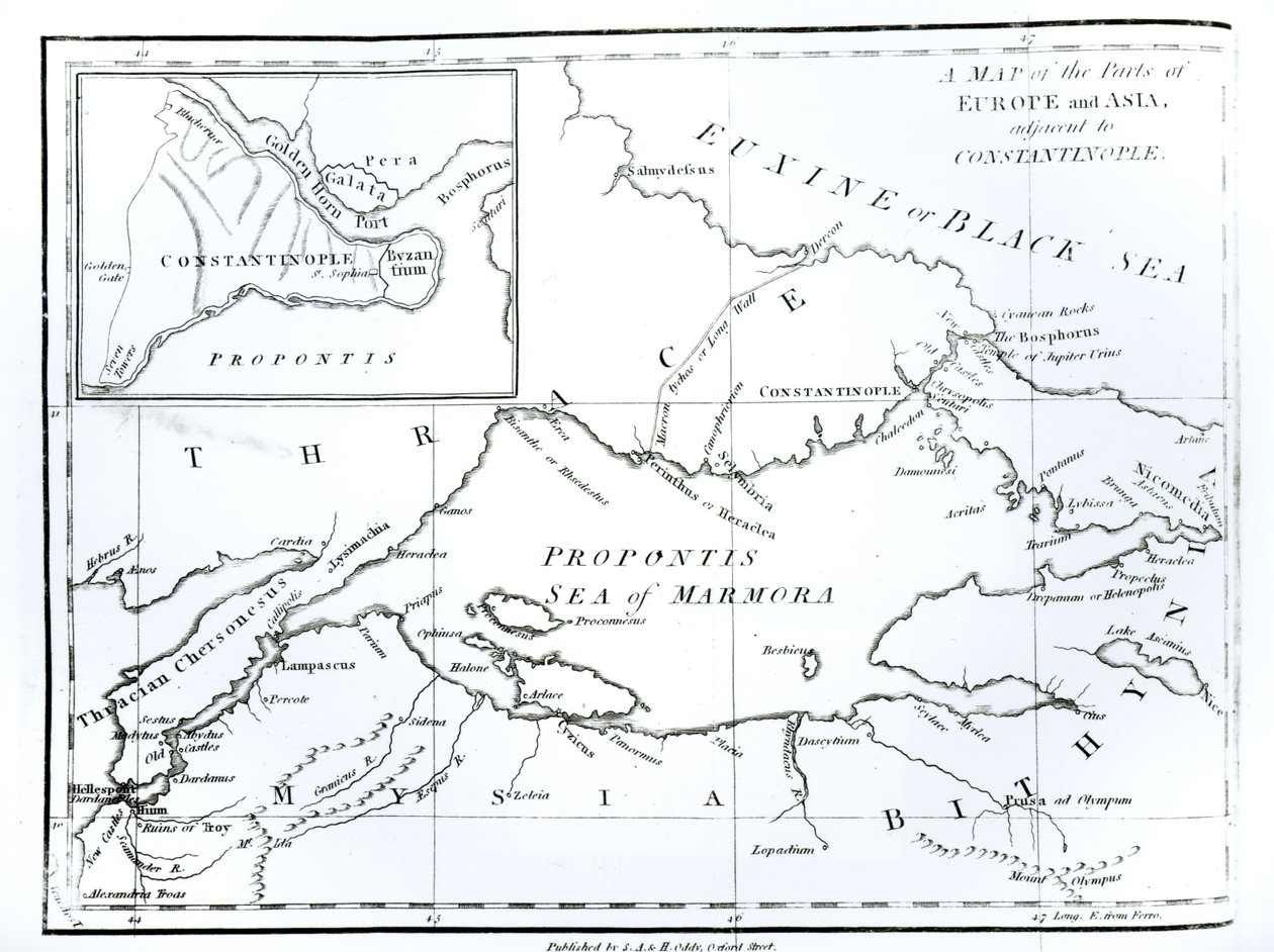 Kartta Konstantinopoliin rajoittuvista Euroopan ja Aasian osista, Edward Gibbonin teoksesta "The History of the Decline and Fall of the Roman Empire", osa 9, 1808. tekijältä English School