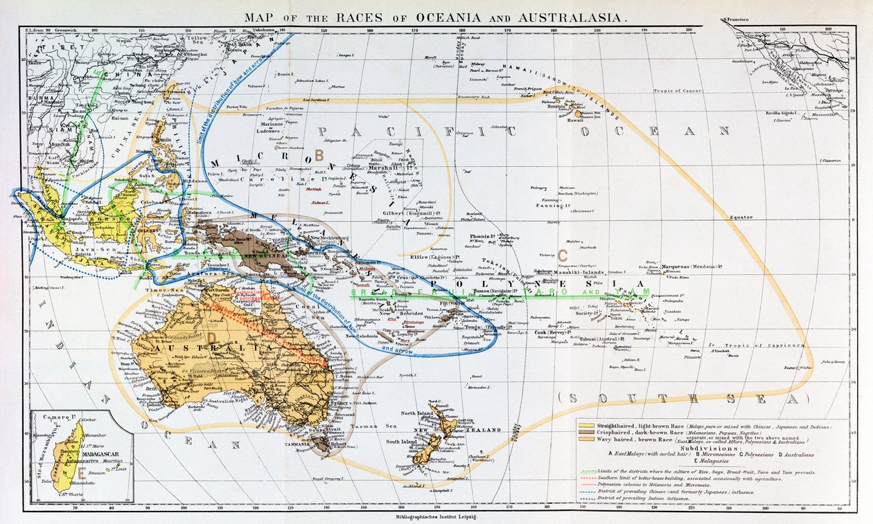 Kartta Oseanian ja Australasian roduista, Prof. Friedrich Ratzelin teoksesta "The History of Mankind", osa 1, 1896 tekijältä English School