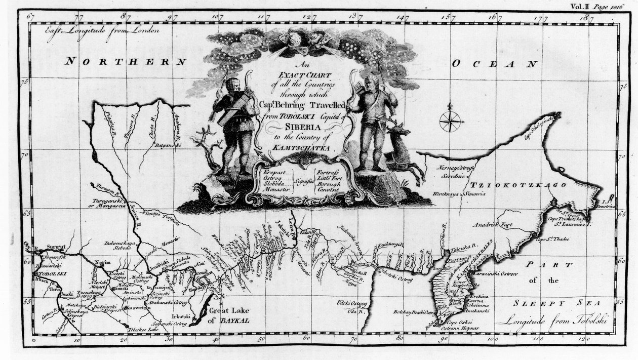 Kartta Vitus Beringin (1681-1741) Siperian halki Kamtšatkaan kulkemasta reitistä Navigantium atque Itinerantium Bibliothecasta, julkaistu 1744 tekijältä English School