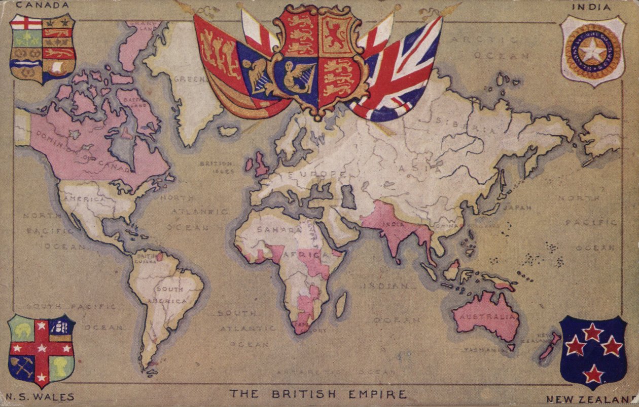 Britannian imperiumin kartta lippuineen ja vaakunoineen (värilitografia) tekijältä English School