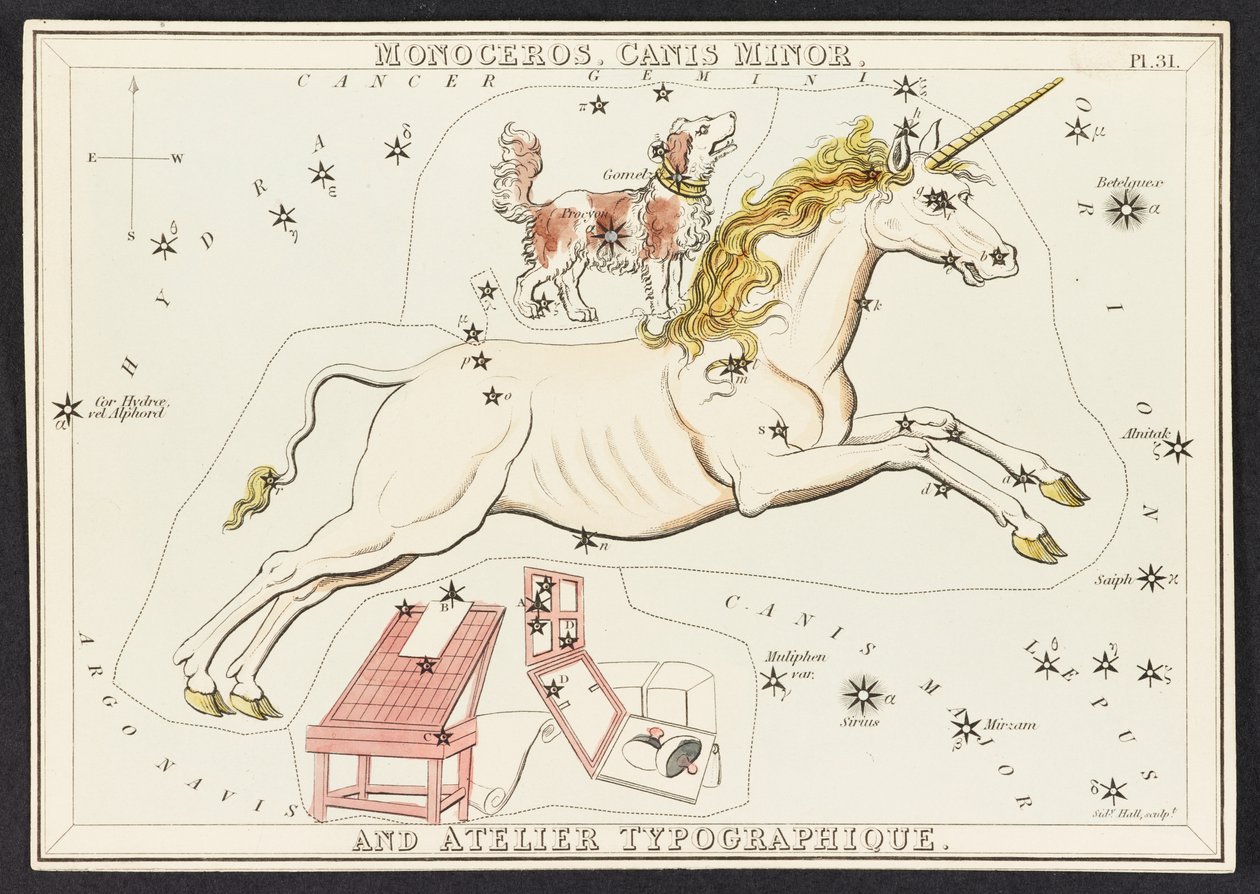 Kartat C.44.A.42 Monoceros. Canis Minor. Ja Atelier Typographique, Urania