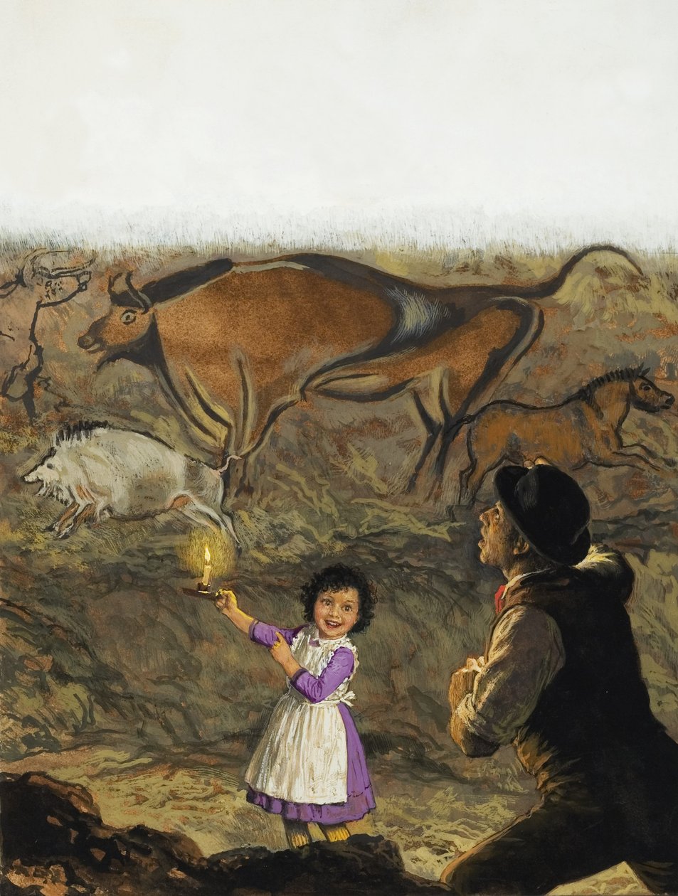 Marcelino Sanz de Sautuola (1831-88) ja hänen tyttärensä Maria löytävät Altamiran luolamaalaukset (guassi paperille). tekijältä English School