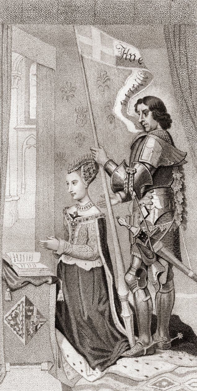 Tanskalainen Margarita ja Tanskan suojelija St. Canute, jonka takana pitelee lippua, jossa näkyy ristiretkien risti. Margaret Tanskalainen tekijältä English School