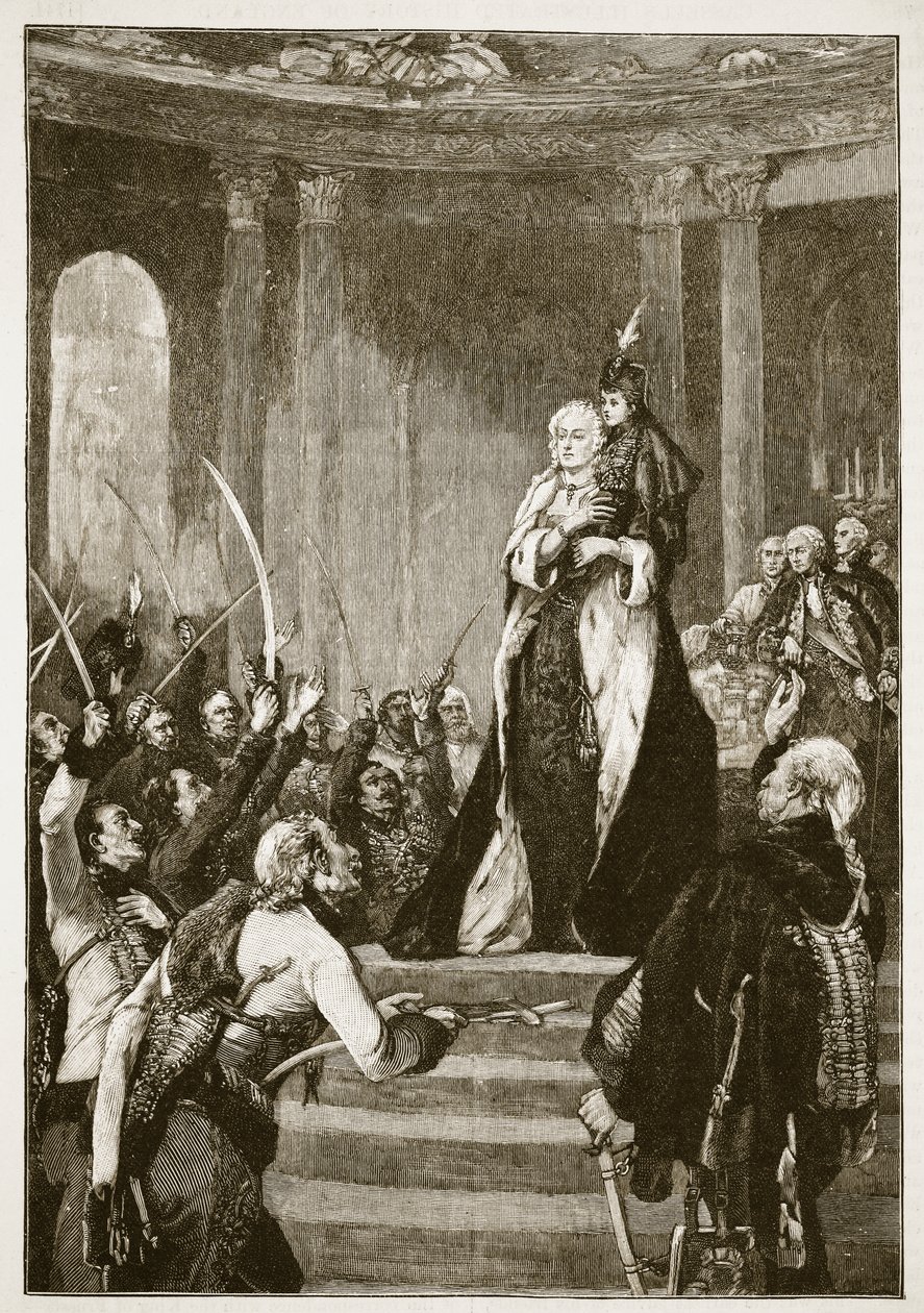 Maria Theresa ja Unkarin parlamentti, kuvitus Cassells Illustrated History of Englandista (seepiakuva) tekijältä English School