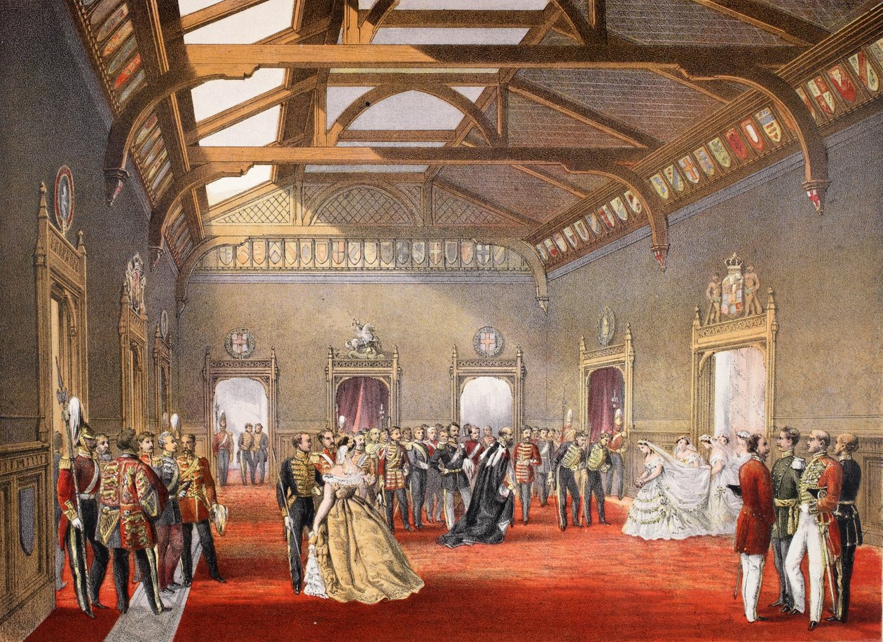 Morsiamen kulkueen järjestäminen väliaikaisten asuntojen keskushallissa, A Memorial of the Marriage of Edward VII ja Alexandra of Denmark, pubista. 1864 tekijältä English School