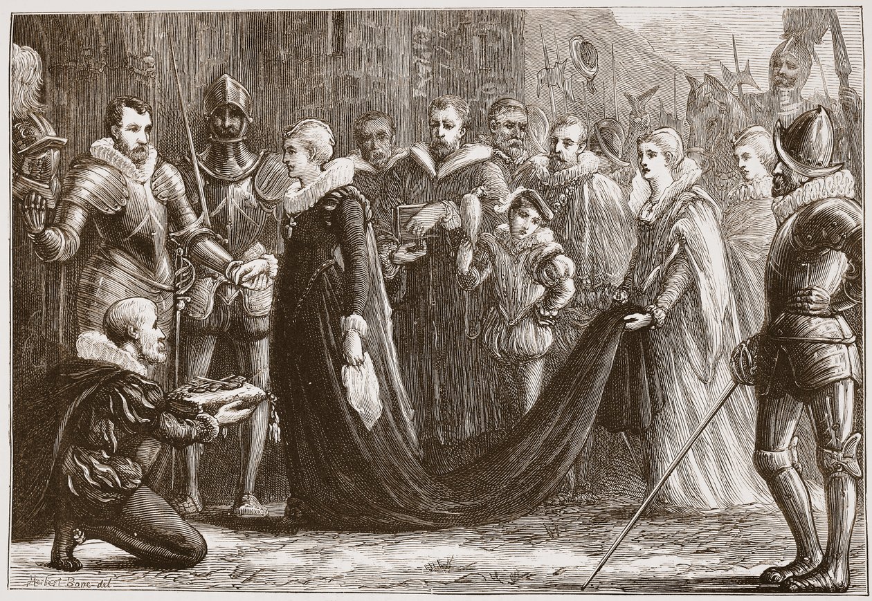Mary Queen of Scots astumassa Holyroodiin, kuvitus James Aitken Wylien (1808-1890) teoksesta The History of Protestantism, pub. 1878 tekijältä English School