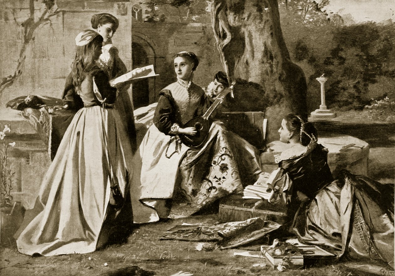 Mary Queen of Scots luostarin puutarhassa, kuvitus Hutchinsons Story of the British Nationista, n. 1923 tekijältä English School