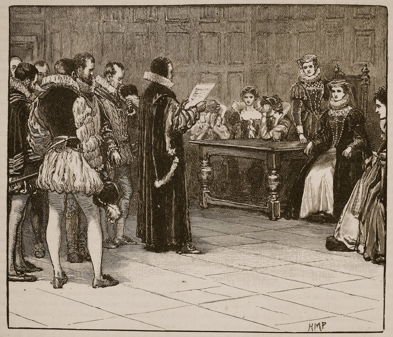 Mary Queen of Scots saa vihjeitä tuomiostaan, kuvitus Cassells Illustrated History of Englandista (seepiakuva) tekijältä English School