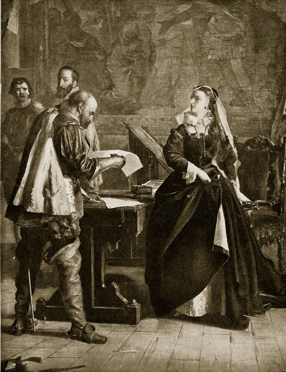Mary Queen of Scots allekirjoittaa kruununsa luopumisen, heinäkuu 1567, kuva Hutchinsons Story of the British Nationista, n. 1923 tekijältä English School
