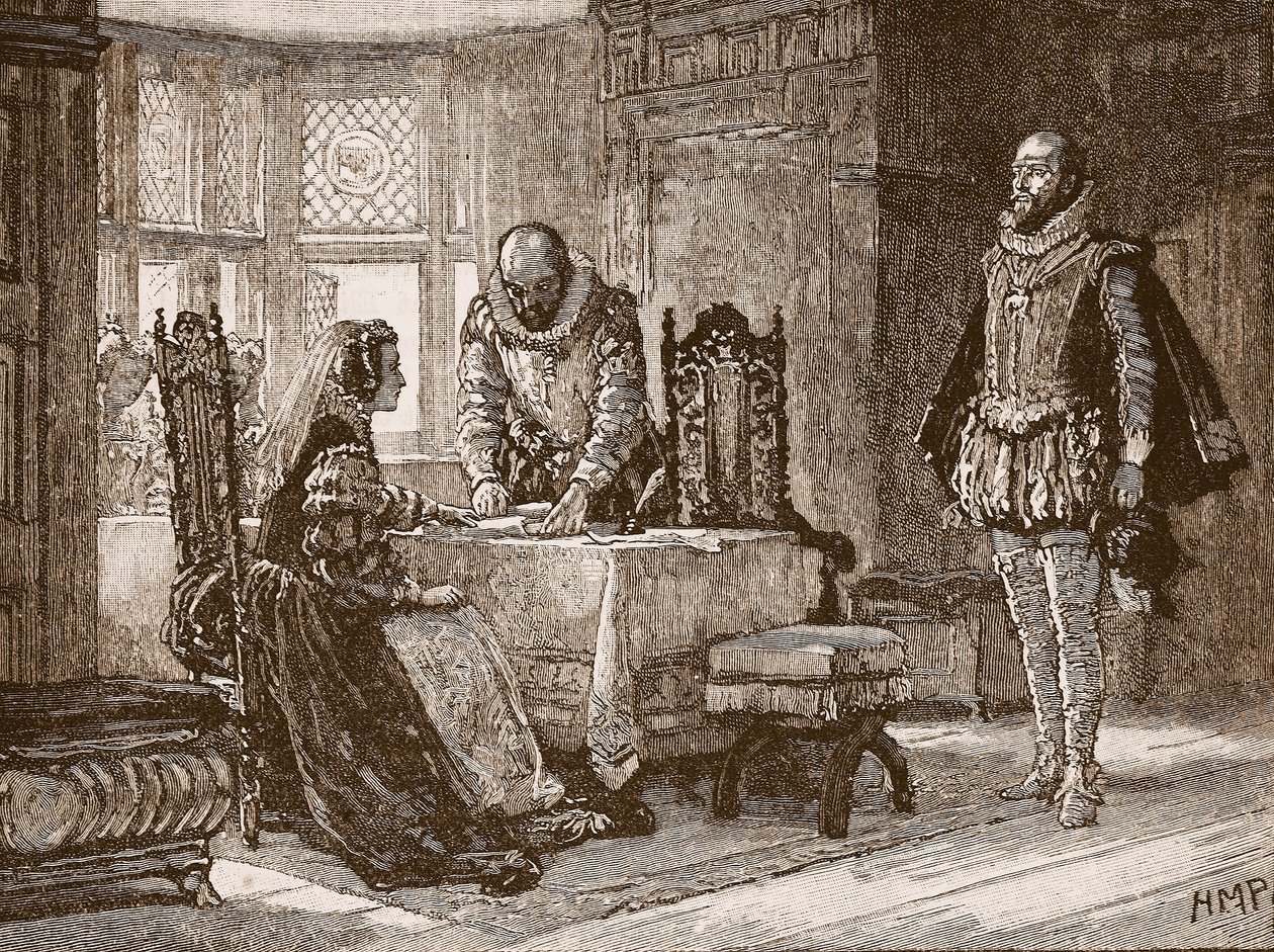Maria allekirjoittaa luopumiskirjaa Lochlevenin linnassa, kuvitus Cassells Illustrated History of Englandista (seepiakuva) tekijältä English School