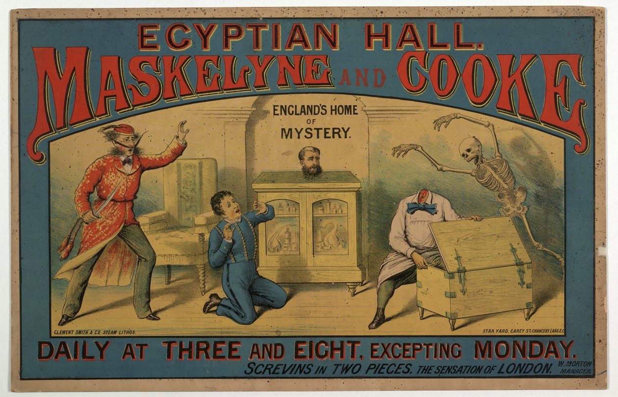 Maskelyne & Cooke Egyptian Hallissa n. 1880 (värilitho) tekijältä English School
