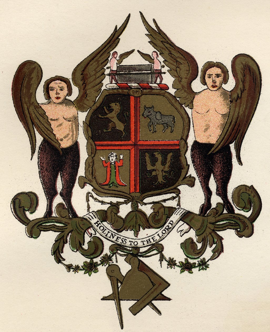 Vapaamuurarien käsivarret W.H.Y:n hallussa olevan maalatun paneelin jälkeen. Rylands, The History of Freemasonry, osa II, julkaisija Thomas C. Jack, Lontoo, 1883 tekijältä English School