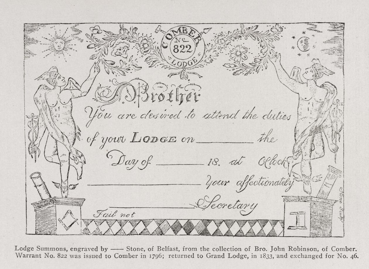 Vapaamuurarien loosin kutsu, päivätty 1796 tekijältä English School