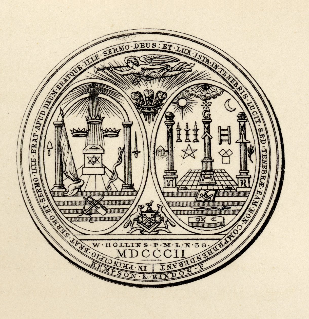 Vapaamuurarien sinetti, 1802, julkaisusta "The History of Freemasonry, osa III", julkaisija Thomas C. Jack, Lontoo, 1883 tekijältä English School