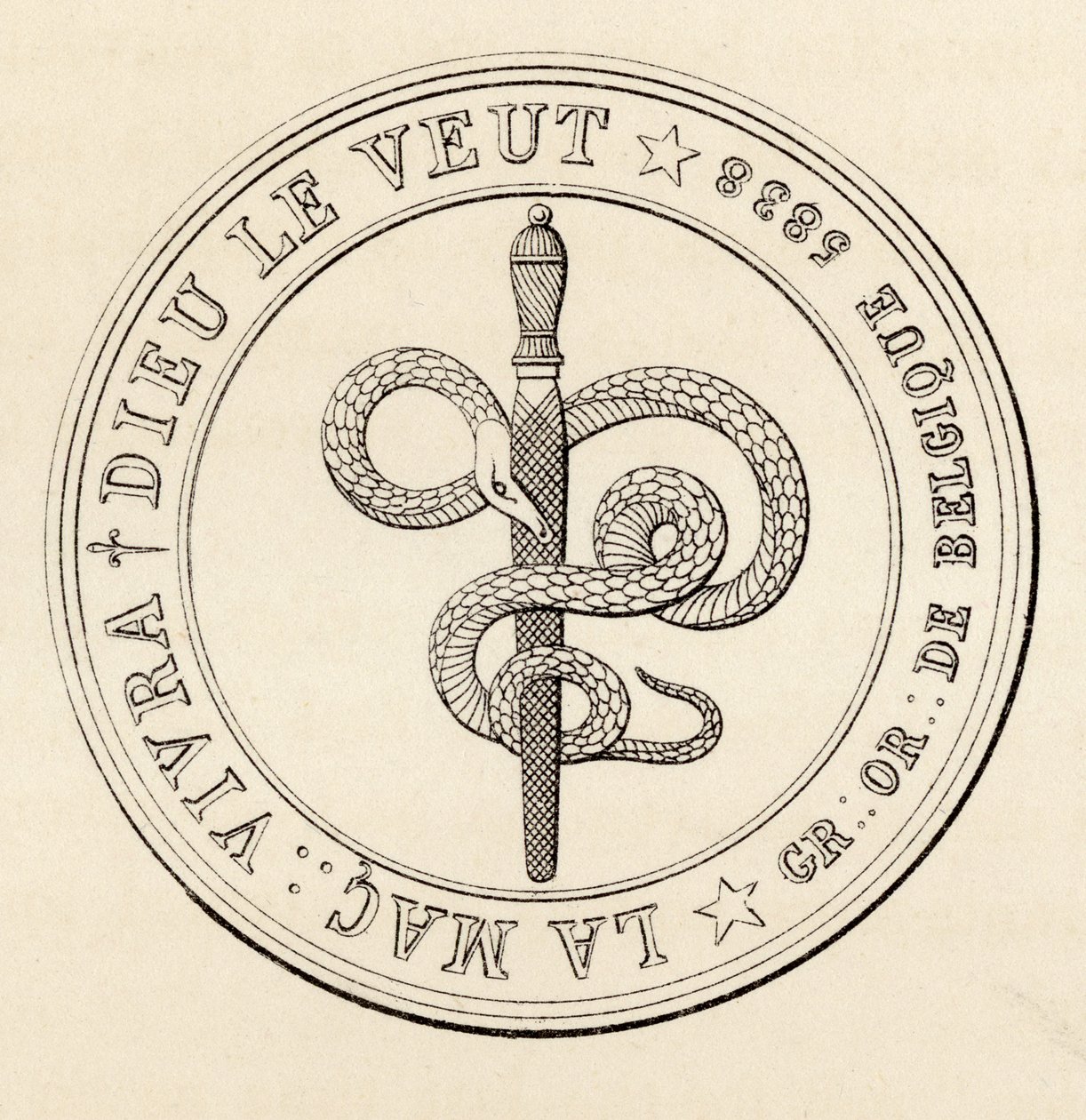 Vapaamuurarien sinetti, julkaisusta "The History of Freemasonry, osa III", julkaisija Thomas C. Jack, Lontoo, 1883 tekijältä English School