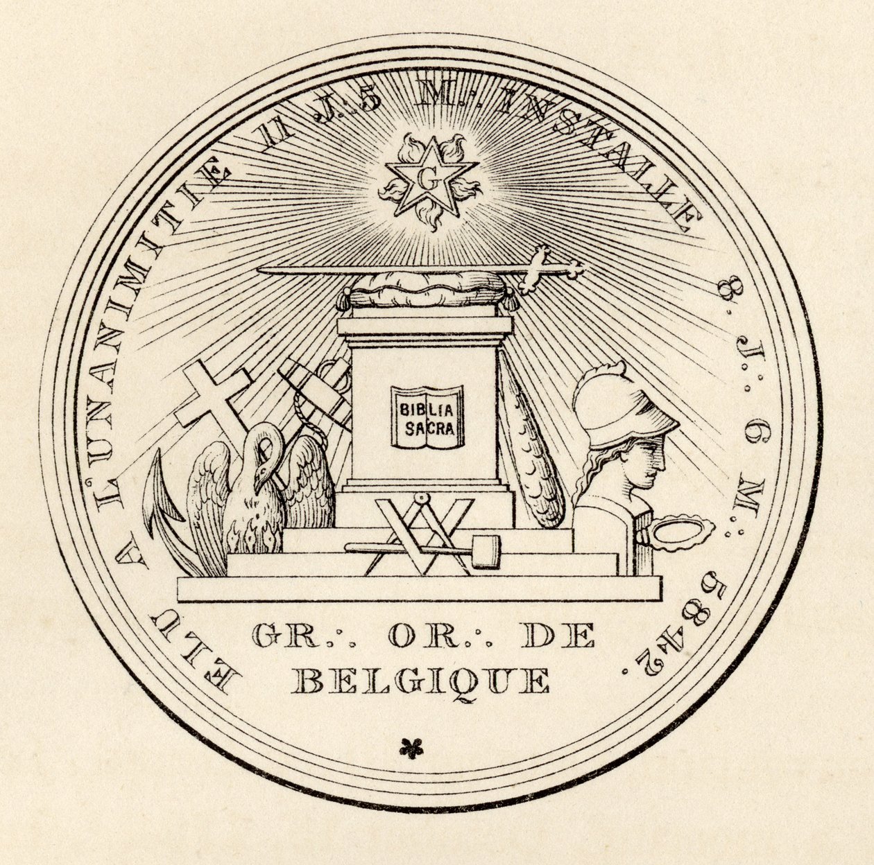Vapaamuurarien sinetti, julkaisusta "The History of Freemasonry, osa III", julkaisija Thomas C. Jack, Lontoo, 1883 tekijältä English School