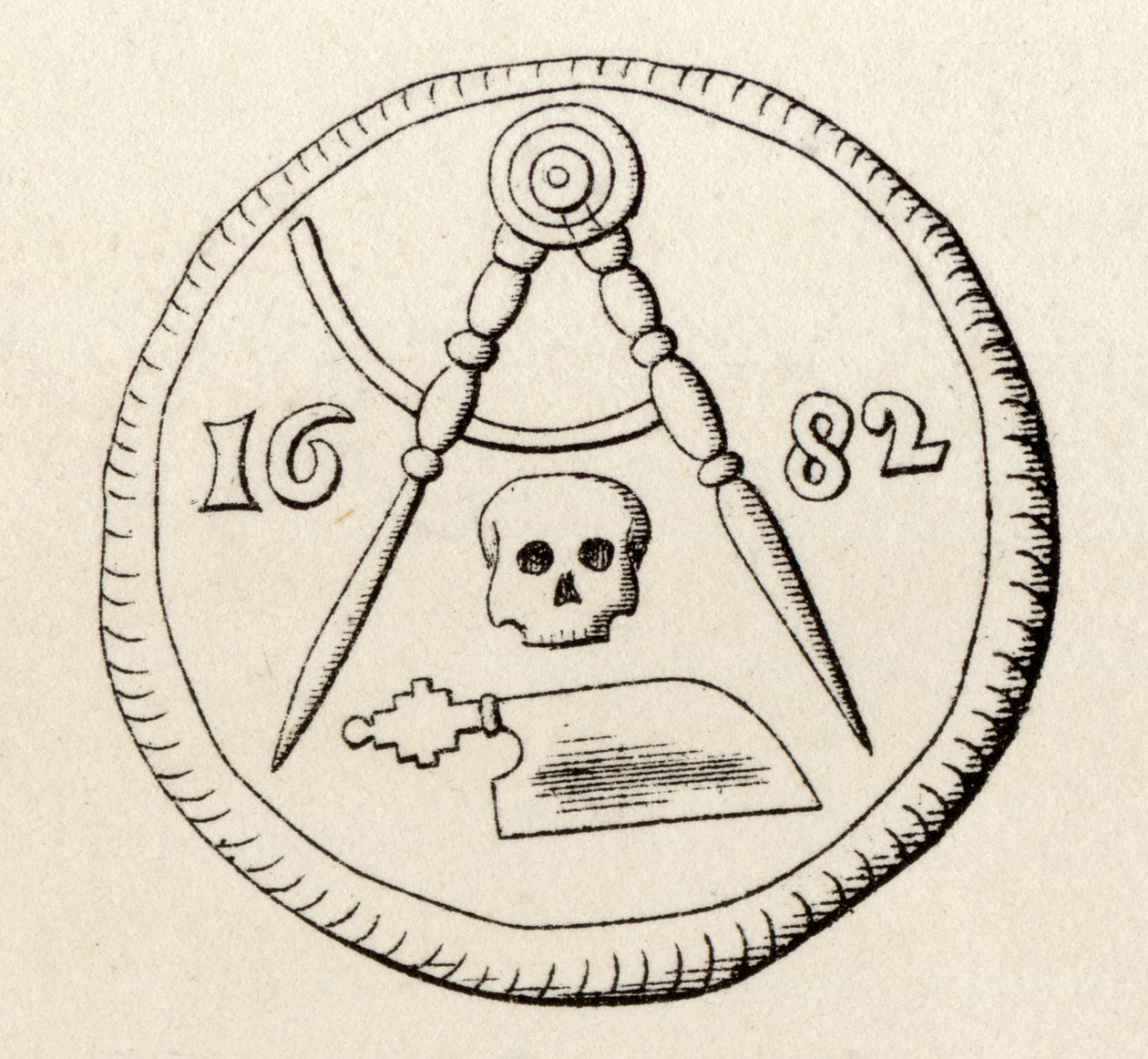 Maestrichtin puuseppien vapaamuurarien sinetti, päivätty 1682, julkaisusta "The History of Freemasonry, osa II", julkaisija Thomas C. Jack, Lontoo, 1883 tekijältä English School