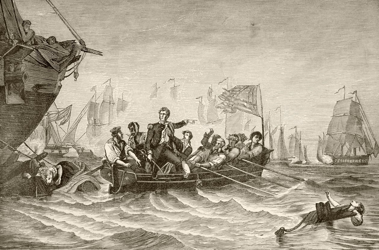 Päällikkö Oliver Hazard Perry siirtyy US Brig Lawrencesta US Brig Niagraan Erie-järven taistelun aikana (litho) tekijältä English School