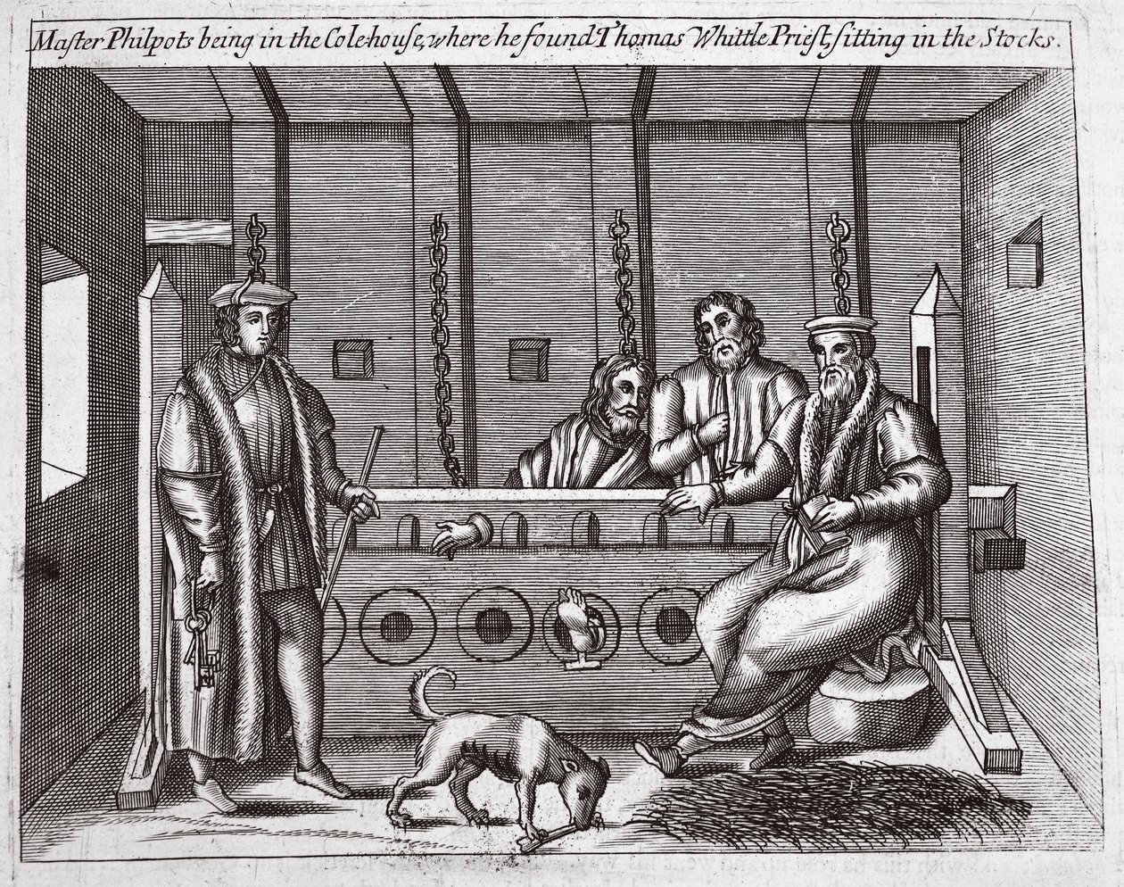 Mestari Philpots ollessaan Colehousessa, jossa hän löysi papin Thomas Whittlen istumasta varastossa, kuvitus John Foxen teoksista Acts and Monuments, yhdeksäs painos, pubi. 1684 tekijältä English School