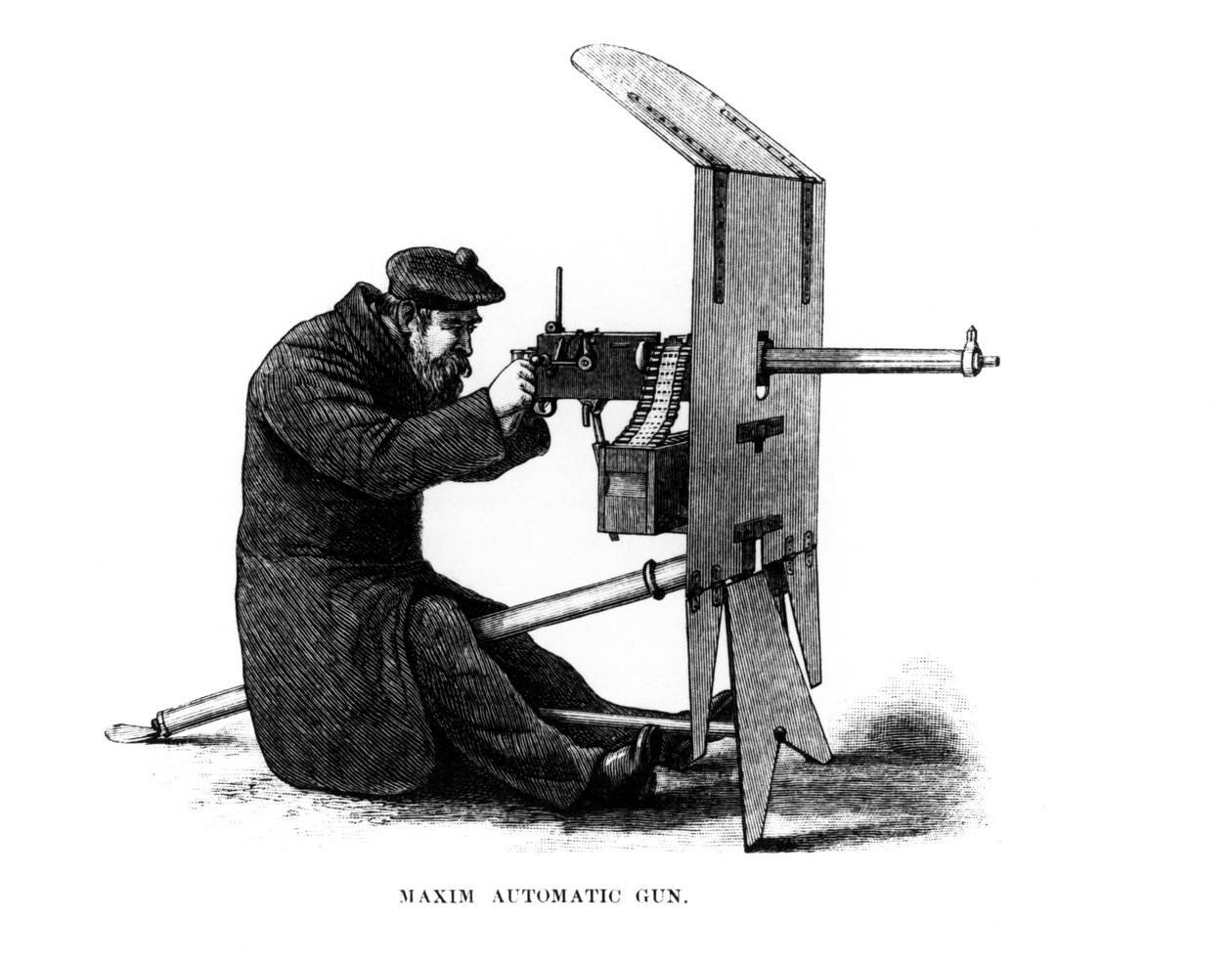 Maxim Automatic Gun, rekyylikäyttöinen konekivääri, jonka patentoi Hiram Stevens Maxim (1840-1916) vuonna 1882 tekijältä English School