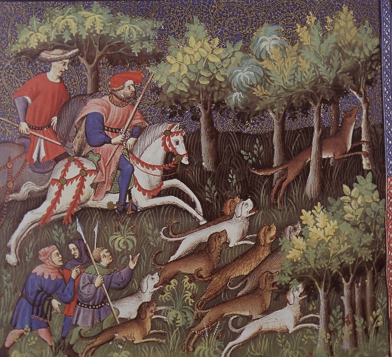 Keskiaikaiset aristokraatit metsästävät kettuja (tempera paperilla) tekijältä English School