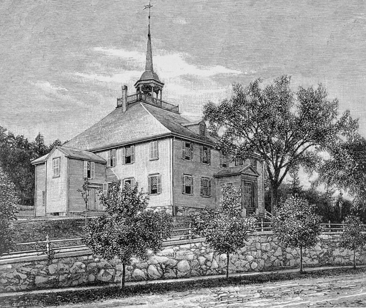 Meeting House at Hingham, kuva kirjan "Narrative and Critical History of America" III osasta, 1886 tekijältä English School
