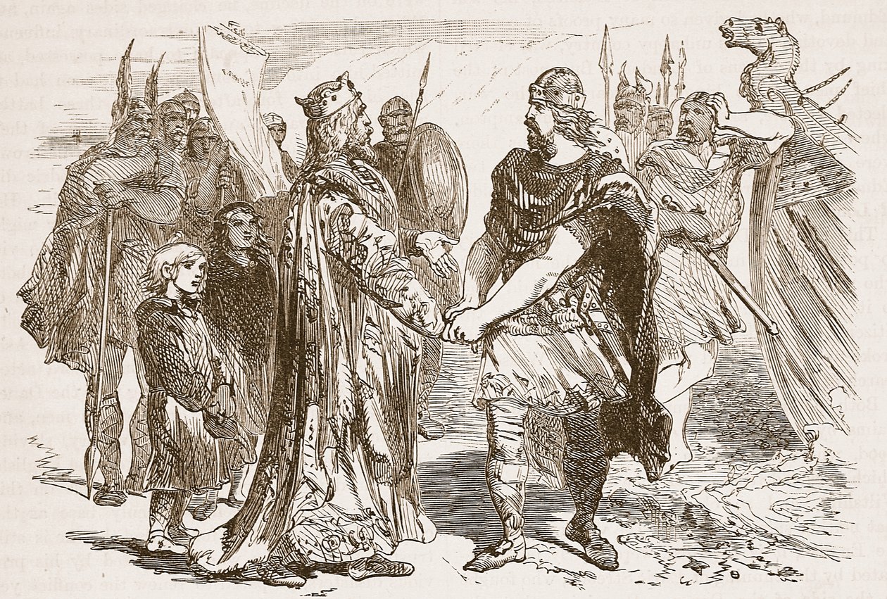 Edmund Ironsiden ja Canuten tapaaminen Alneyn saarella Severnissä vuonna 1016, kuvitus Cassells Illustrated History of Englandista (seepiakuva) tekijältä English School