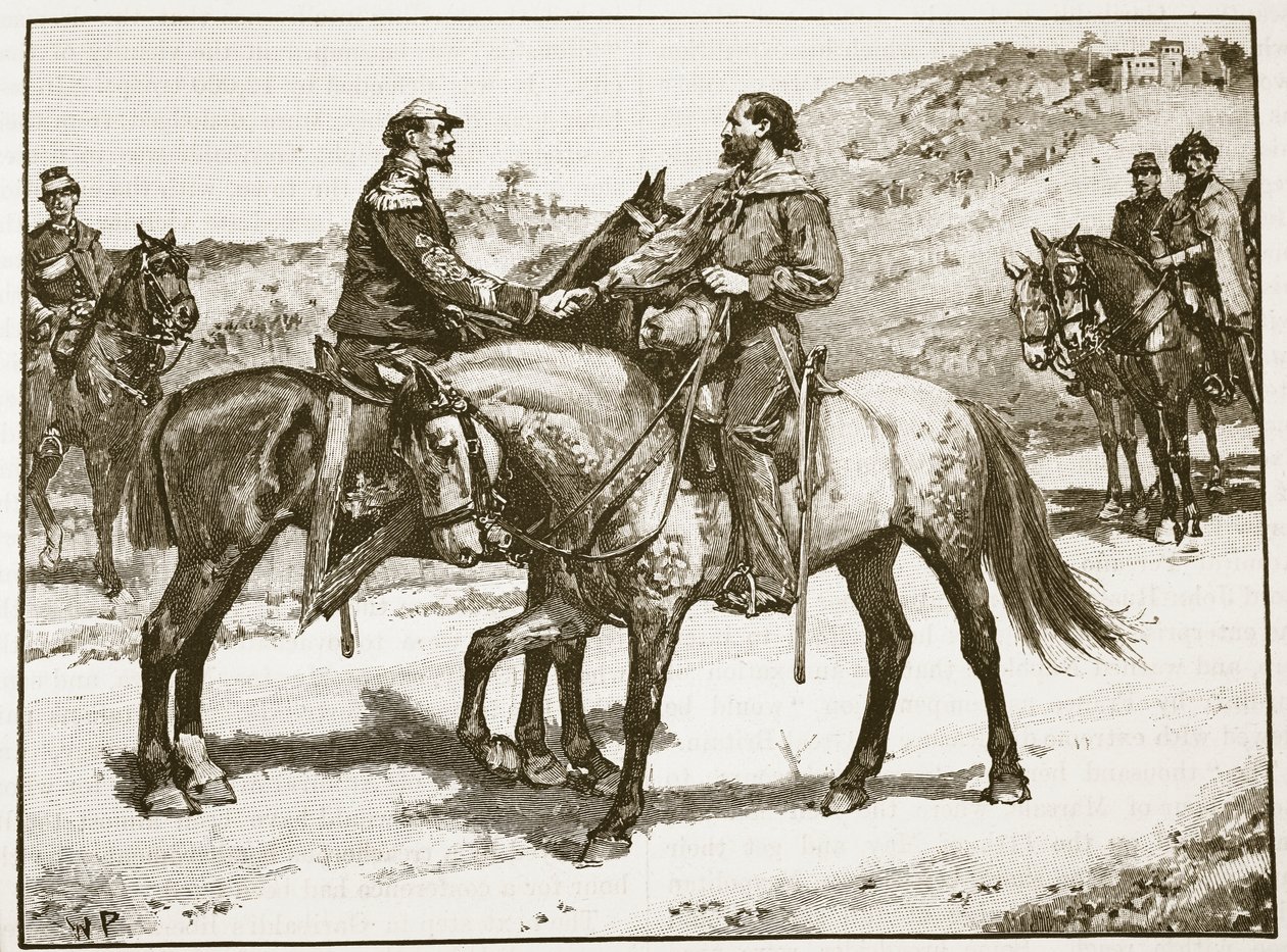 Garibaldin ja Victor Emmanuelin tapaaminen, kuvitus Cassells Illustrated History of Englandista (seepiakuva) tekijältä English School