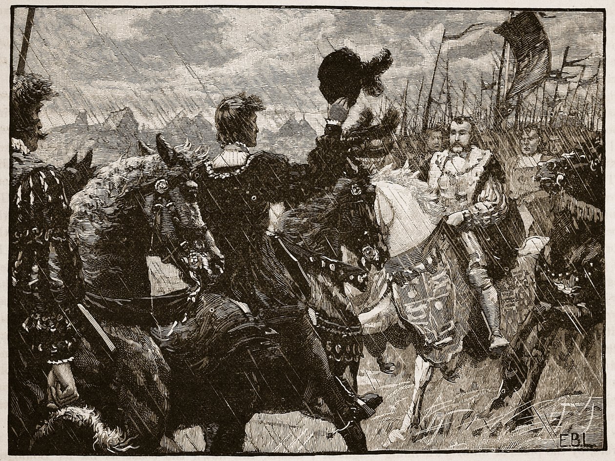 Henryn ja keisari Maximilianin tapaaminen, kuvitus Cassells Illustrated History of Englandista (seepiakuva) tekijältä English School