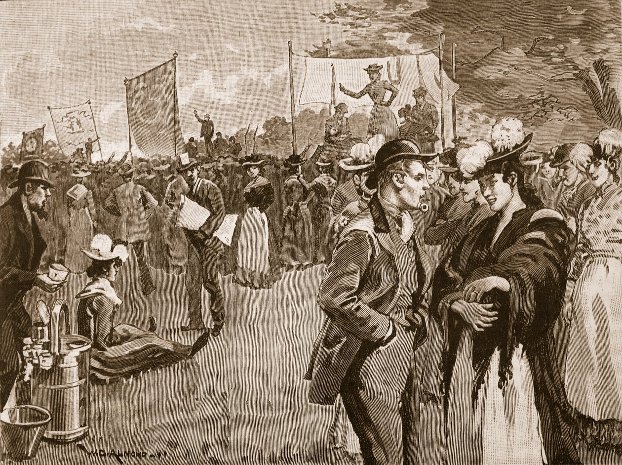 Pesukoneisten tapaaminen Hyde Parkissa, 1891, kuvitus Cassells Illustrated History of Englandista (seepiakuva) tekijältä English School