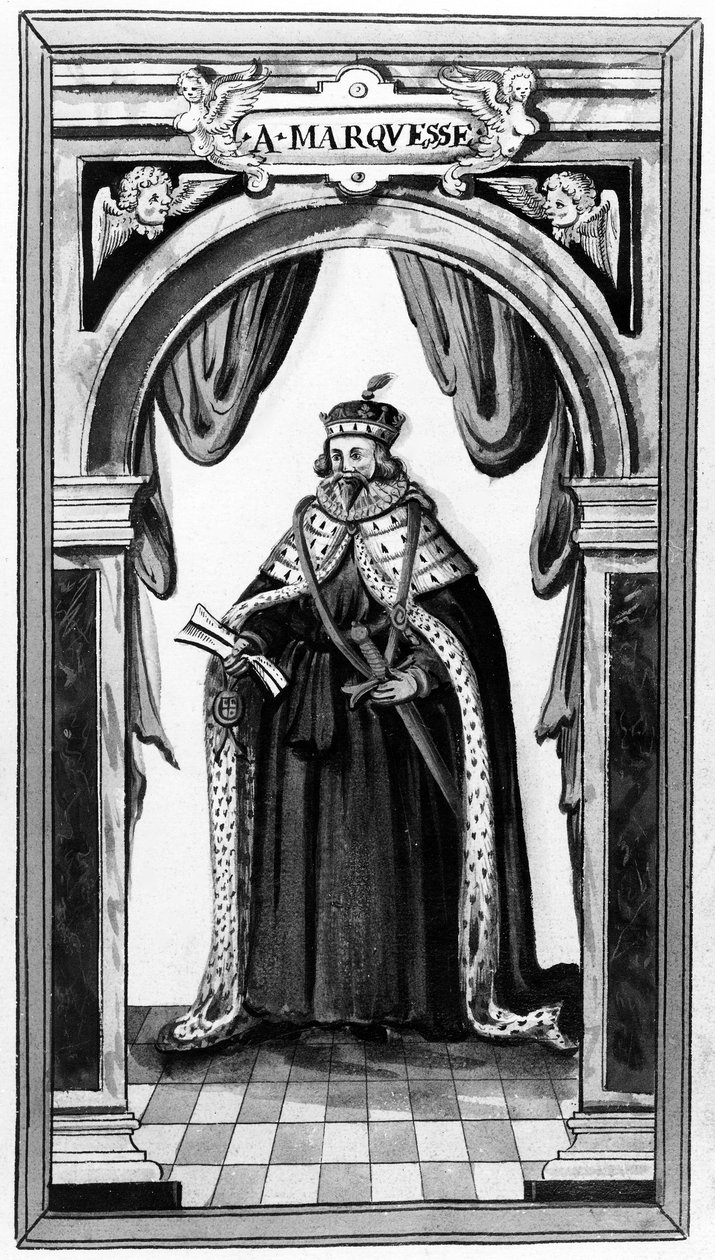 Sukkanauharitarikunnan jäsen ja Kaarle I:n ja II:n kuninkaallinen ja arvokas palvelija, Sir Edward Walkerin sarjasta Walkers Arms of Nobility, 17th Century (mezzotint) tekijältä English School