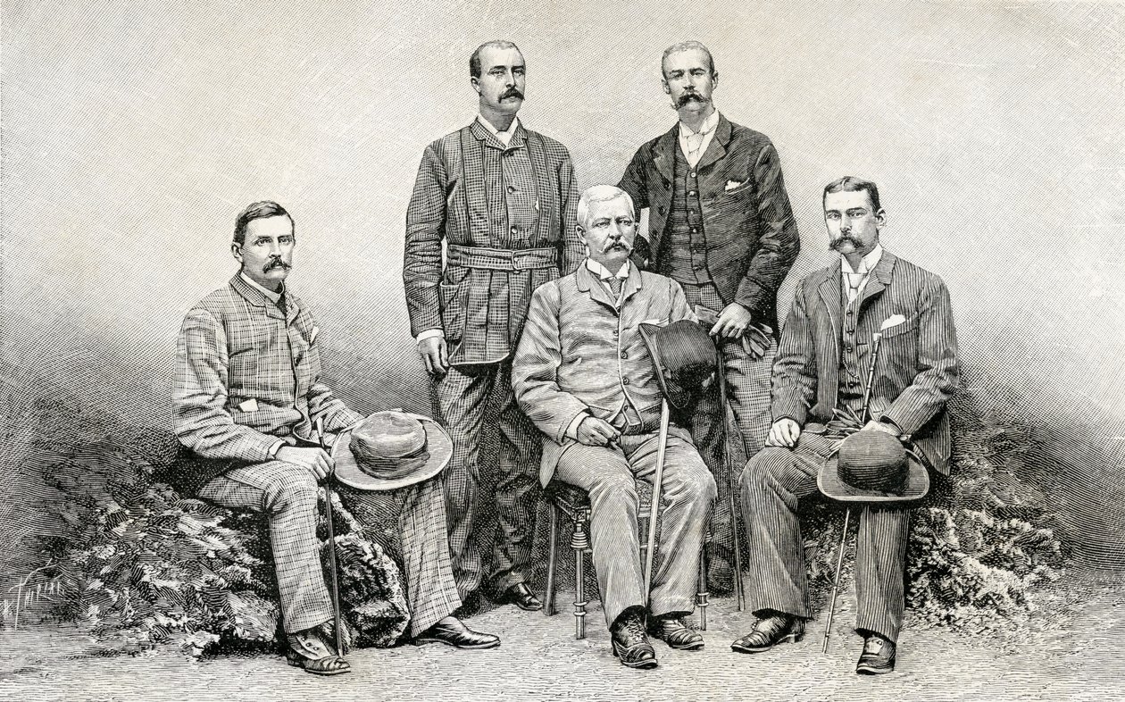 Sir Henry Morton Stanleyn Emin Pasha Relief Expedition jäsenet, 1890 (puukaiverrus) tekijältä English School