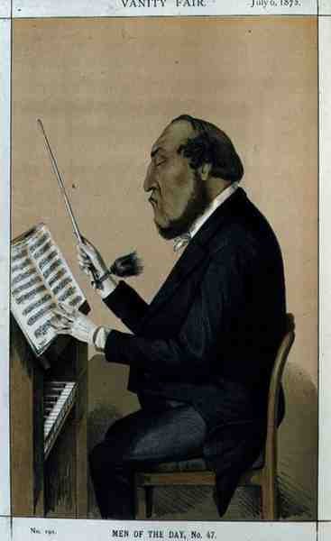 Päivän miehet, nro 47: "Orkestraatio", karikatyyri Vanity Fairista, 6. heinäkuuta 1872 (värilitho) tekijältä English School