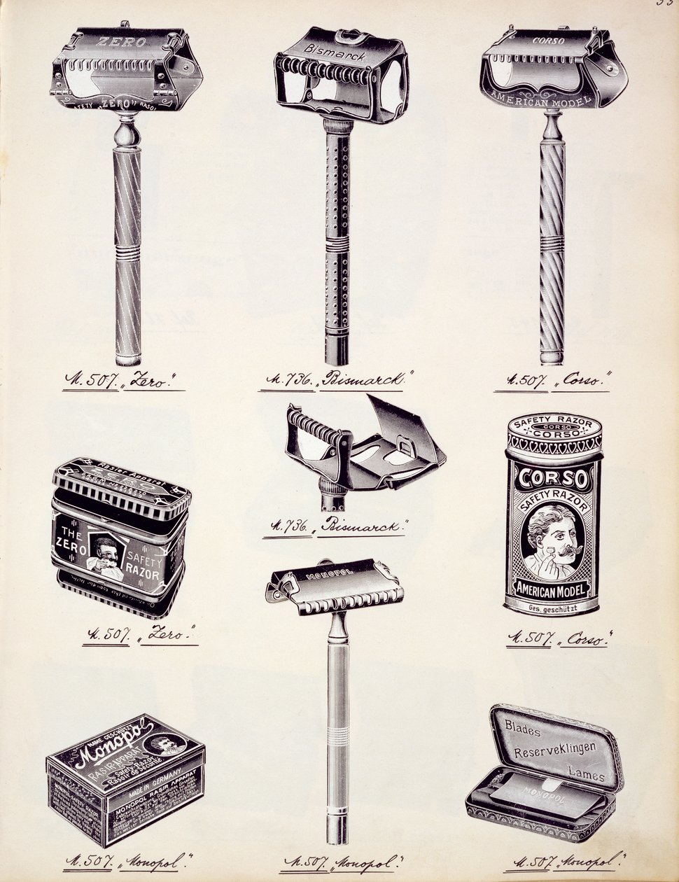 Miesten parranajovälineet kotimaisten tavaroiden ja tarvikkeiden luettelosta, n. 1890-1910 tekijältä English School